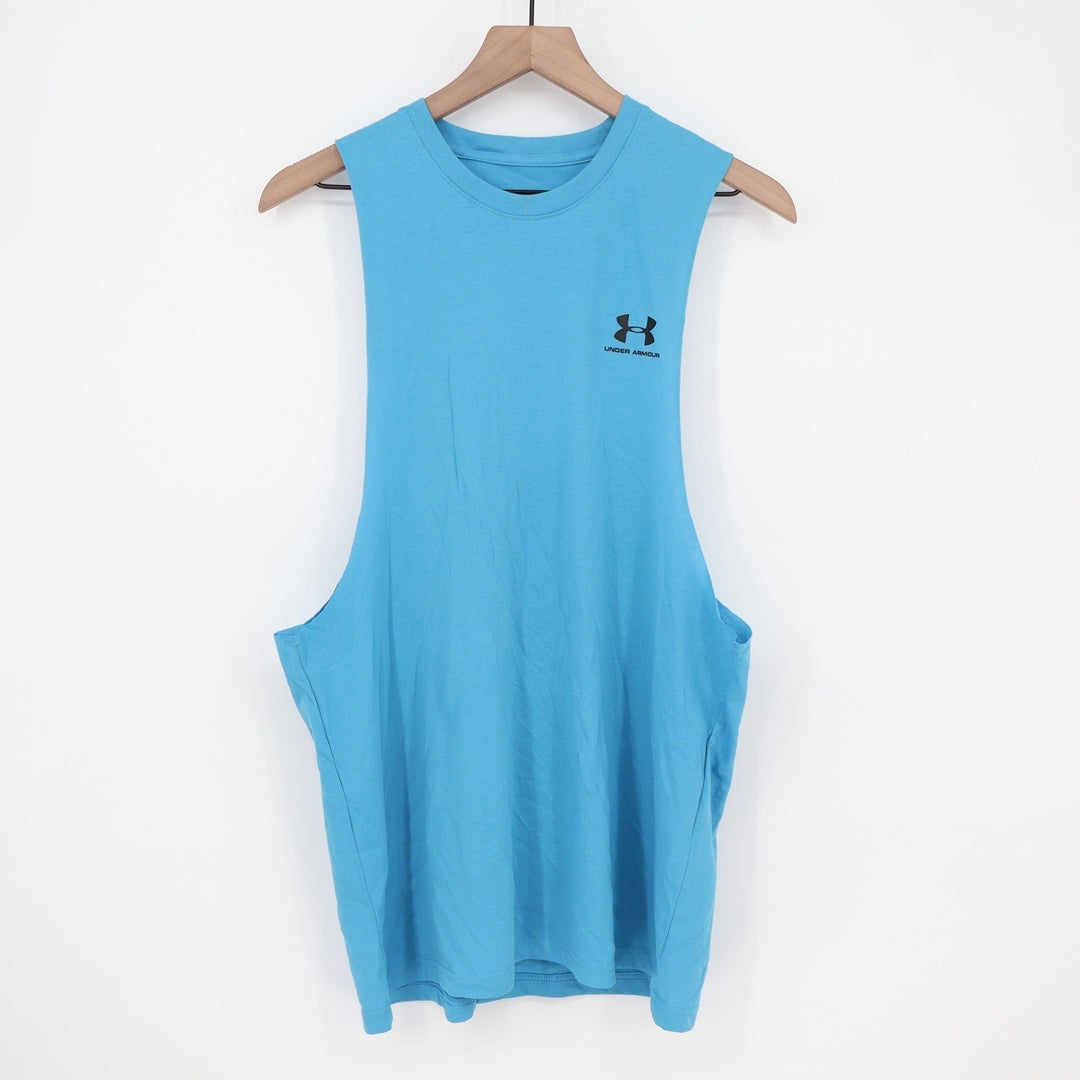 Under Armour Mens Left Chest Cut Off Tank Blue Loose Fit Muscle Tee L