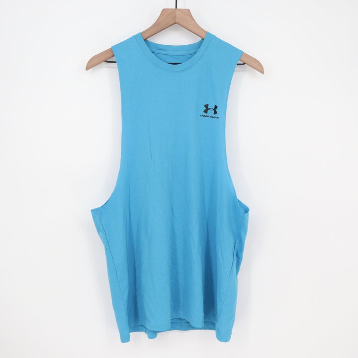 Under Armour Mens Left Chest Cut Off Tank Blue Loose Fit Muscle Tee L