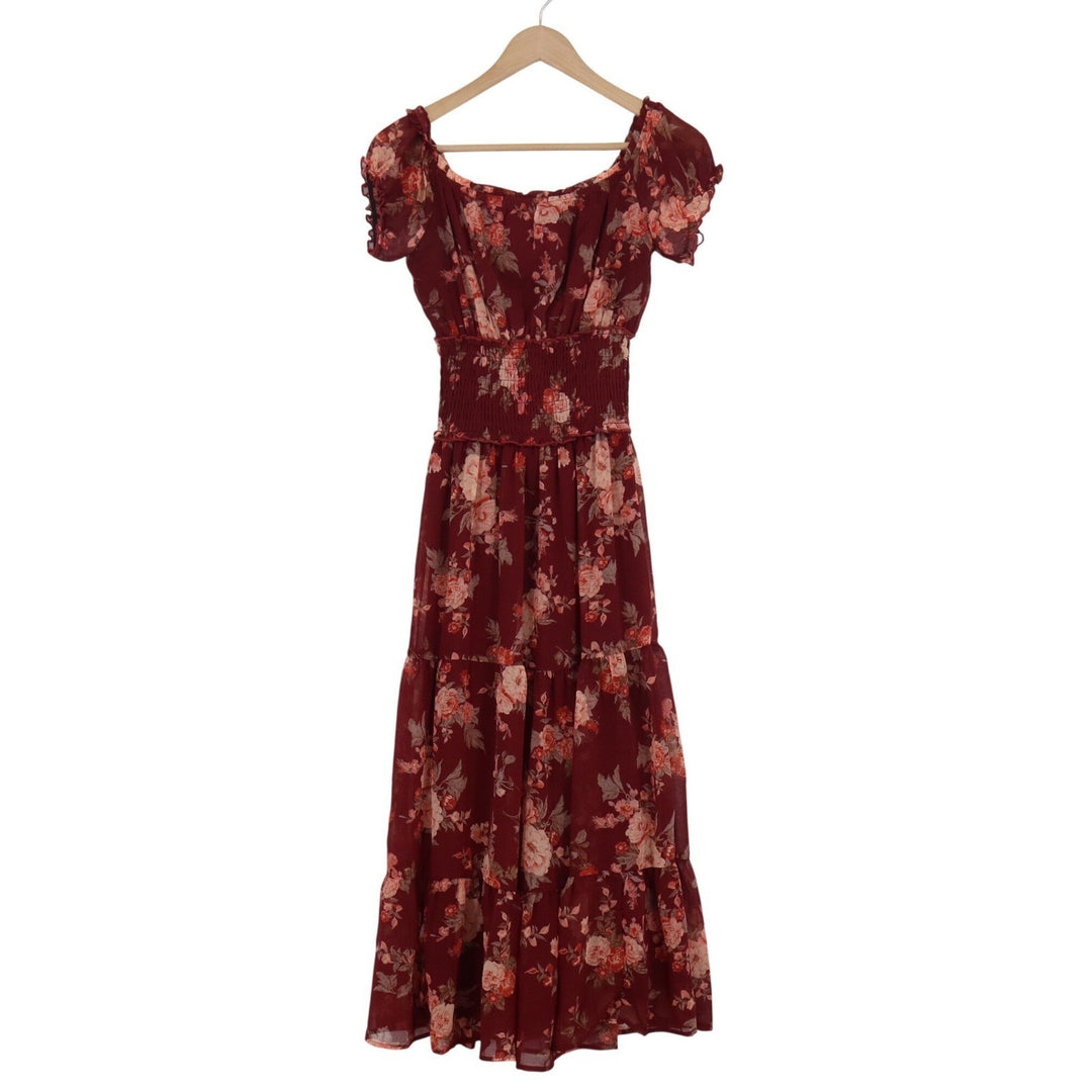 Trixxi Burgundy Floral Maxi Dress XS Smocked Waist Tiered Ruffle