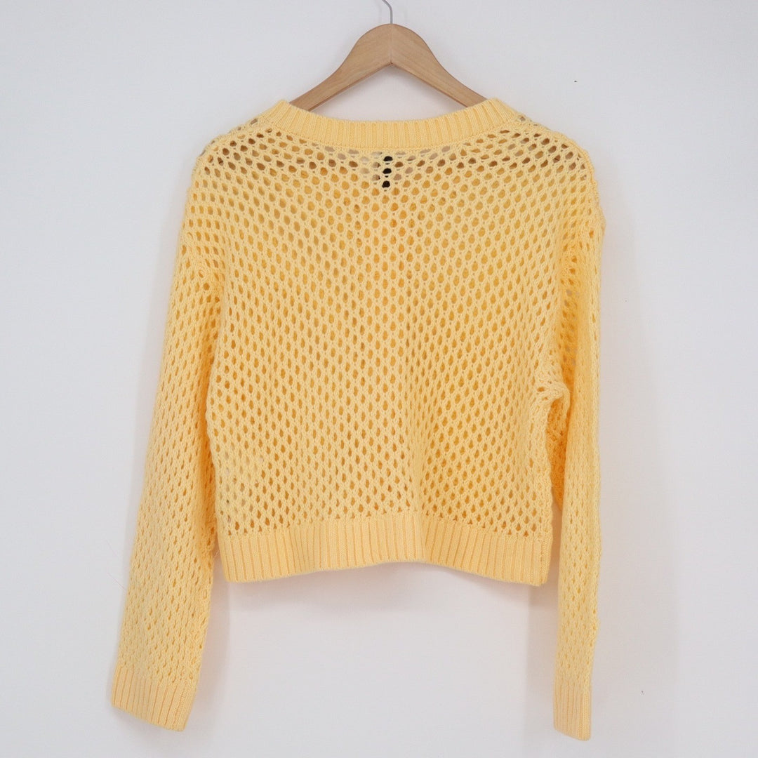 H&M Divided Yellow Open Knit Cropped Cardigan Sweater Mesh Button Front Size M