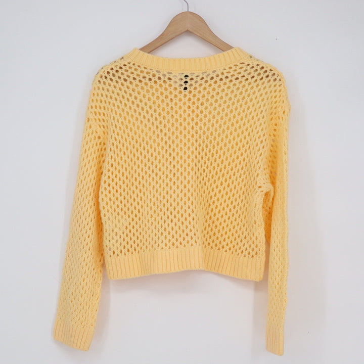 H&M Divided Yellow Open Knit Cropped Cardigan Sweater Mesh Button Front Size M