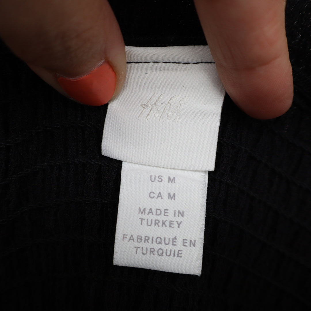 H&M Black Smocked Puff Sleeve Square Neck Cropped Top Size M