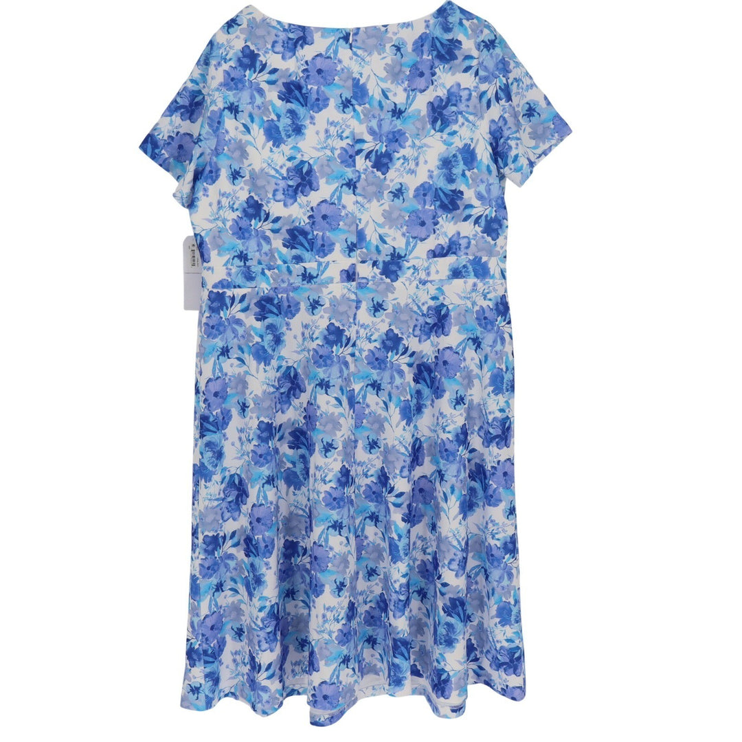 London Times Woman Blue Floral Bow Neck Midi Dress Size 18W NEW