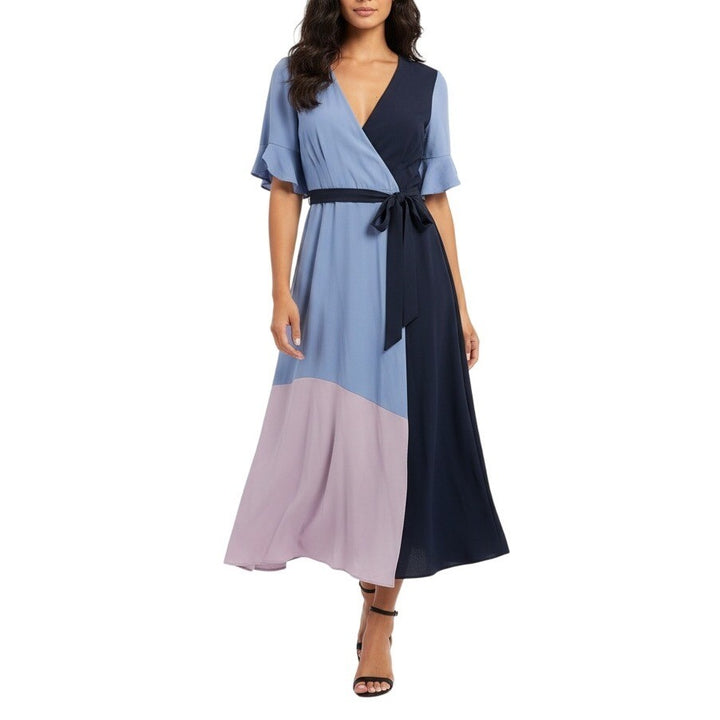 B Sussman Colorblock Wrap Midi Dress Navy Blue Periwinkle Pink Size M