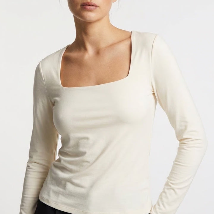 H&M Crop T-Shirt Womens Medium Ivory Stretch Square Neck Long Sleeve Pullover