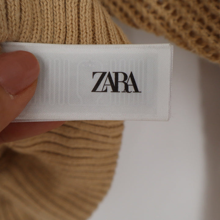 Zara Tan Beige Open Knit Zip Up Batwing Cropped Cotton Cardigan Small
