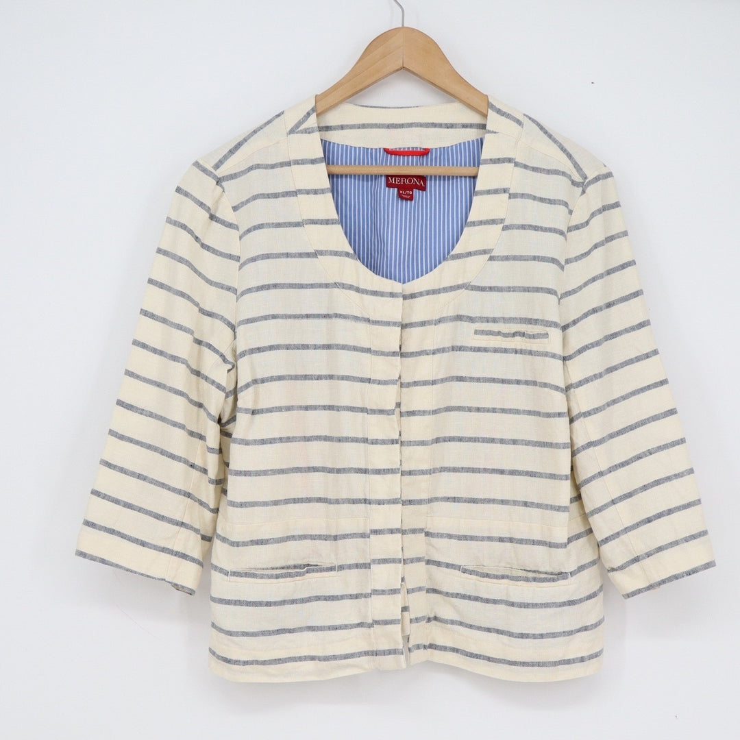 Merona Womens XL Linen Striped Blazer Cream Blue Collarless 3/4 Sleeve Jacket