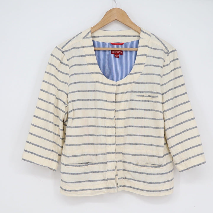 Merona Womens XL Linen Striped Blazer Cream Blue Collarless 3/4 Sleeve Jacket