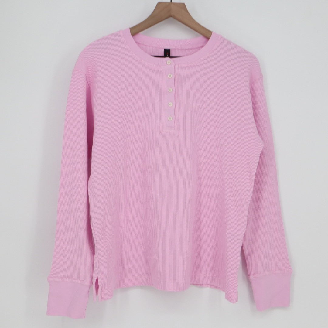 American Giant Thermal T-Shirt Womens S Pink Cotton Stretch Waffle Henley Neck