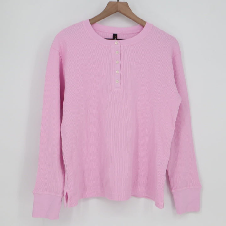 American Giant Thermal T-Shirt Womens S Pink Cotton Stretch Waffle Henley Neck
