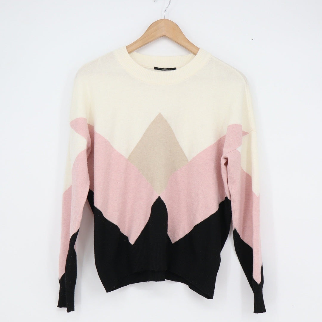 T Tahari Womens Geometric Colorblock Crew Neck Sweater Pink Cream Black Small