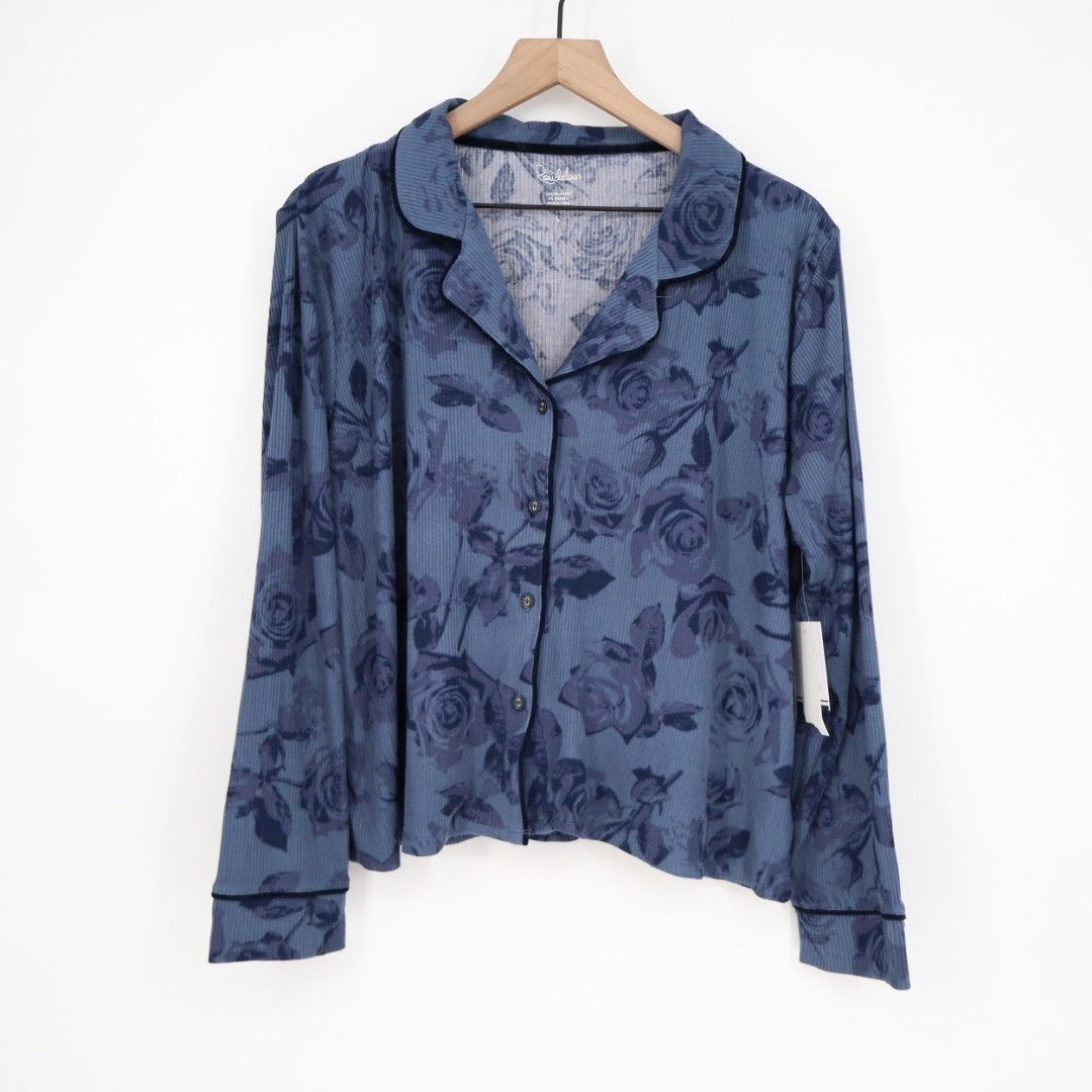 Roudelain 2-PC Pajamas Set Womens Large Blue Floral Stretch Ribbed Lapel Collar