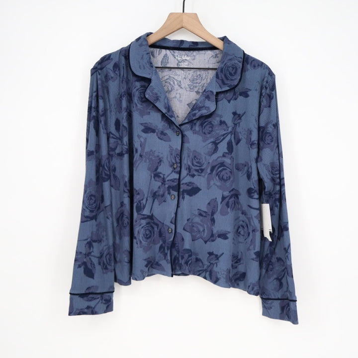 Roudelain 2-PC Pajamas Set Womens Large Blue Floral Stretch Ribbed Lapel Collar
