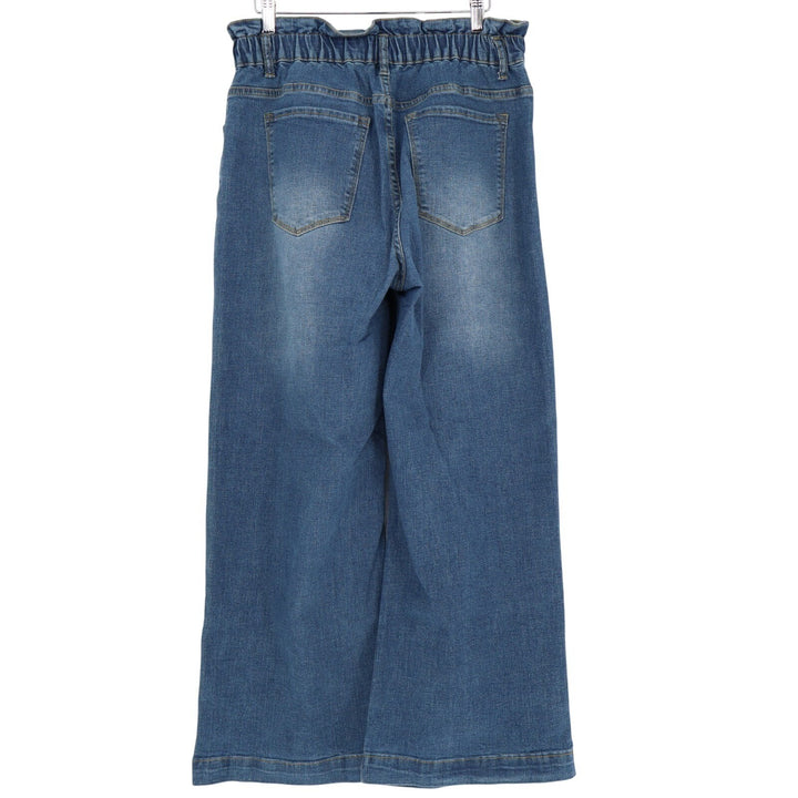 Jeans Womens L Blue Denim Cotton Stretch Mid Rise Drawstring High Waist Wide Leg