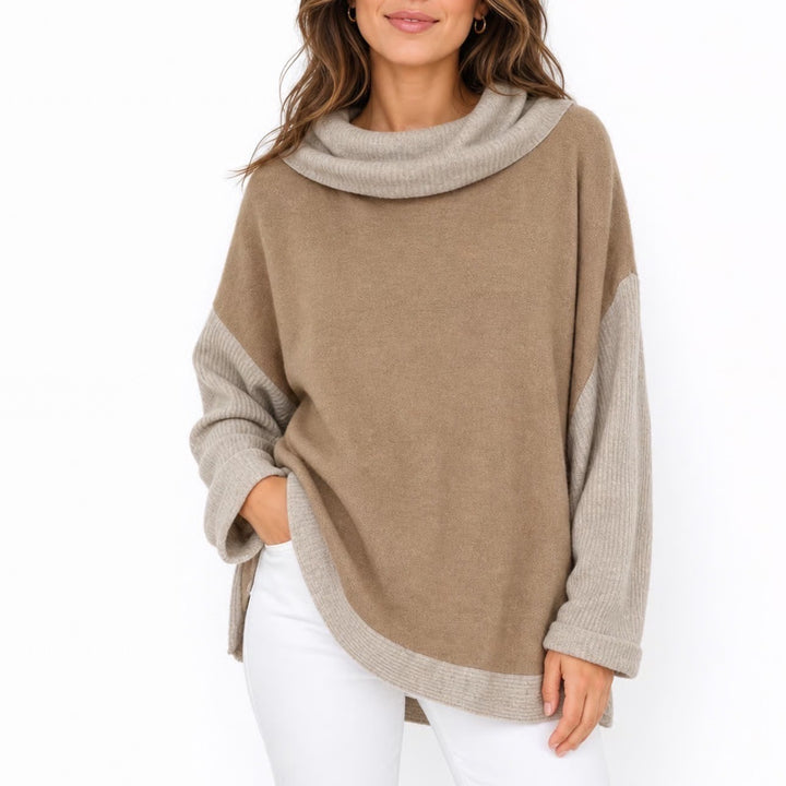 A'reve Tan Oatmeal Colorblock Cowl Neck Oversized Knit Sweater M