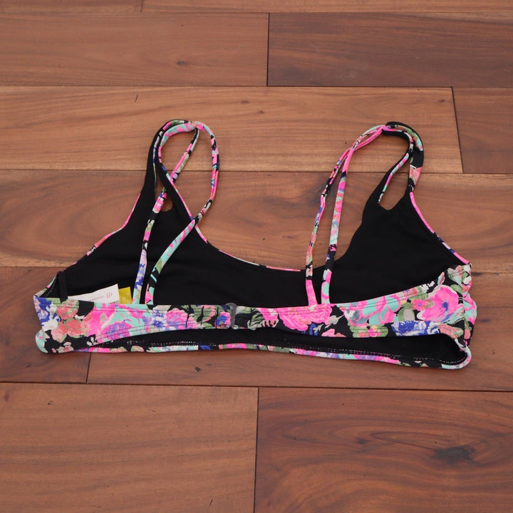 No Boundaries Rich Black Floral Double Strap Bikini Top Womens Large