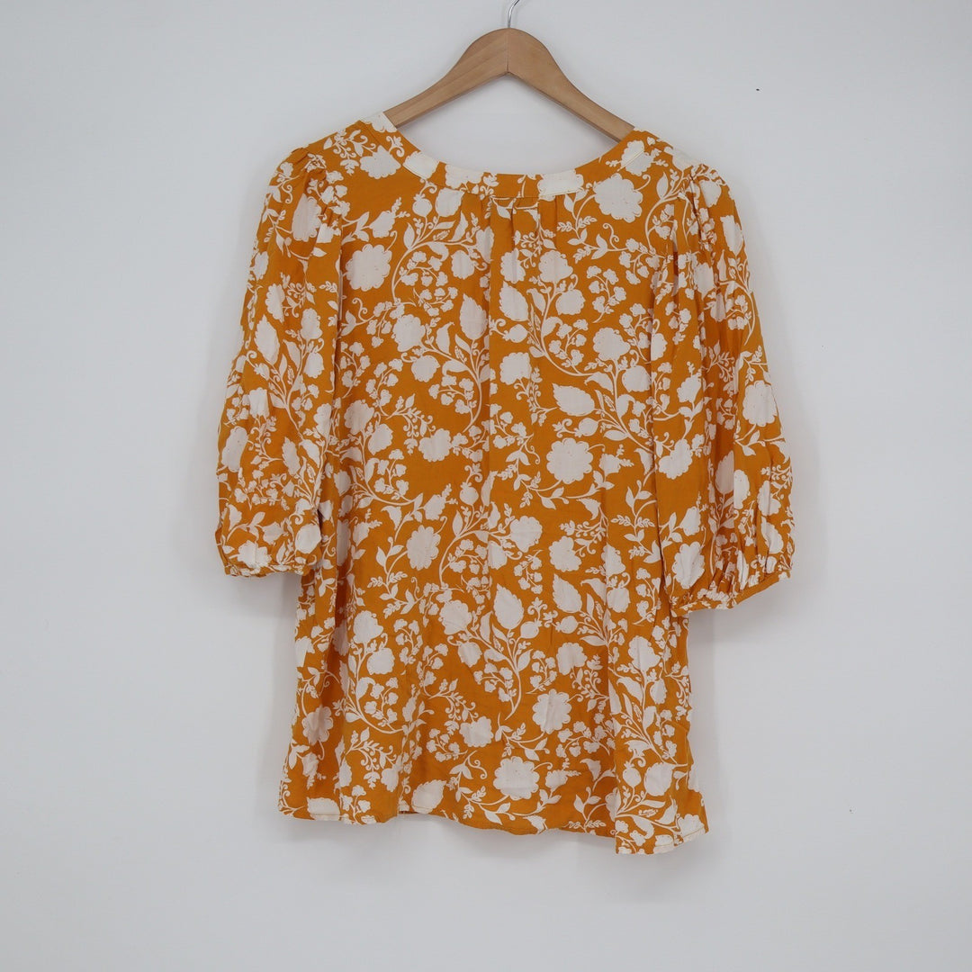 Fred David Womens XL Mustard Yellow White Floral Button Split Neck Blouse