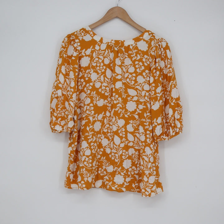 Fred David Womens XL Mustard Yellow White Floral Button Split Neck Blouse