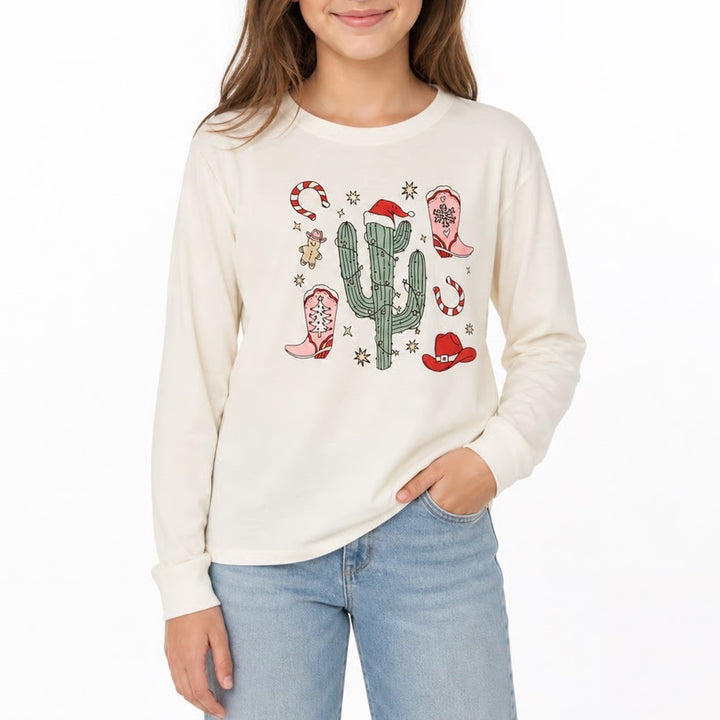 SO Girls XL 14/16 Christmas Cactus Western Graphic Long Sleeve Tee Cream Pink