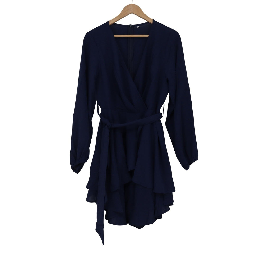 Navy Blue Long Sleeve Tiered Ruffle Mini Dress Wrap V-Neck Size L