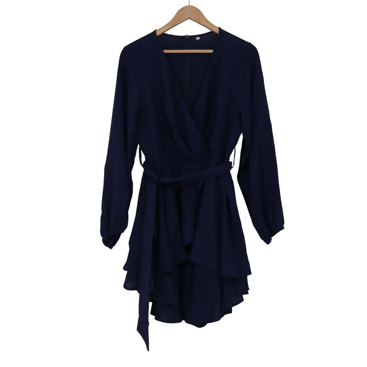 Navy Blue Long Sleeve Tiered Ruffle Mini Dress Wrap V-Neck Size L