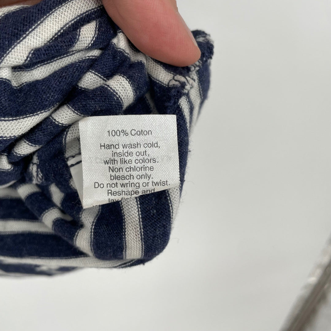 J Crew Striped 3/4 Sleeve Top Embellished Neck Navy White Size Medium
