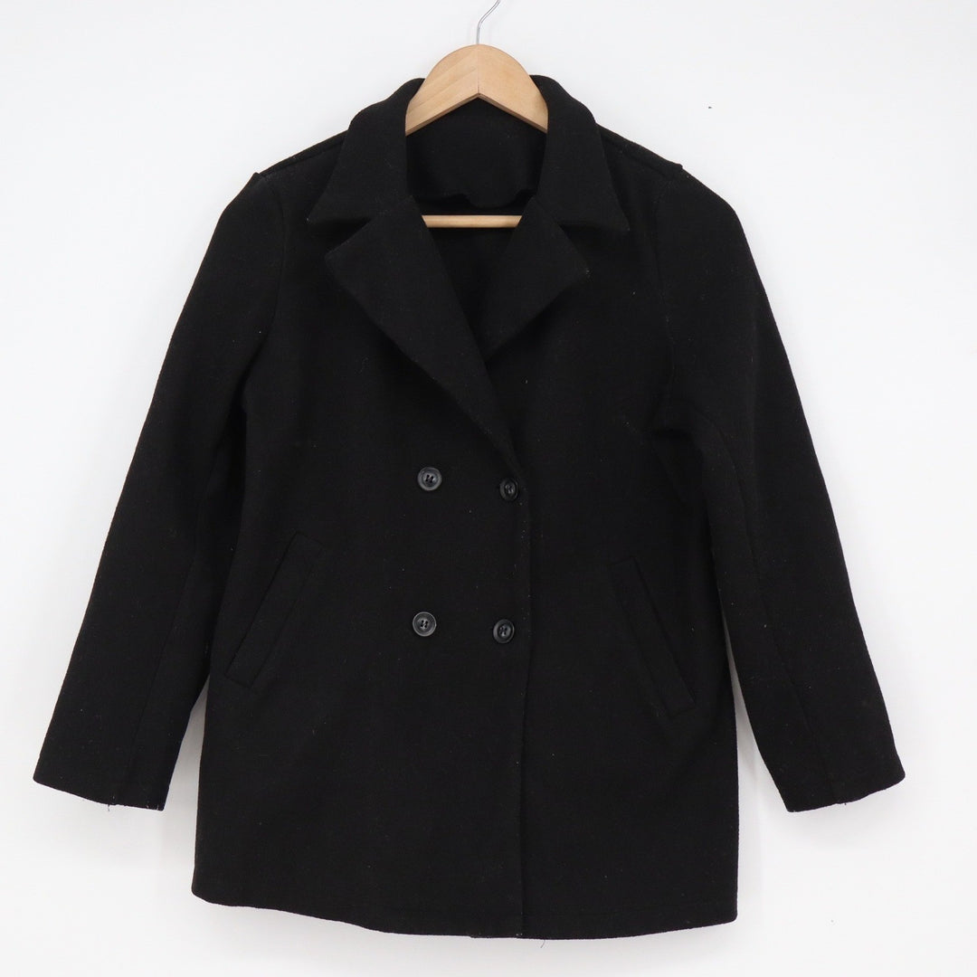 Black Double Breasted Pea Coat Notched Lapel Long Sleeve Mid Weight Jacket M