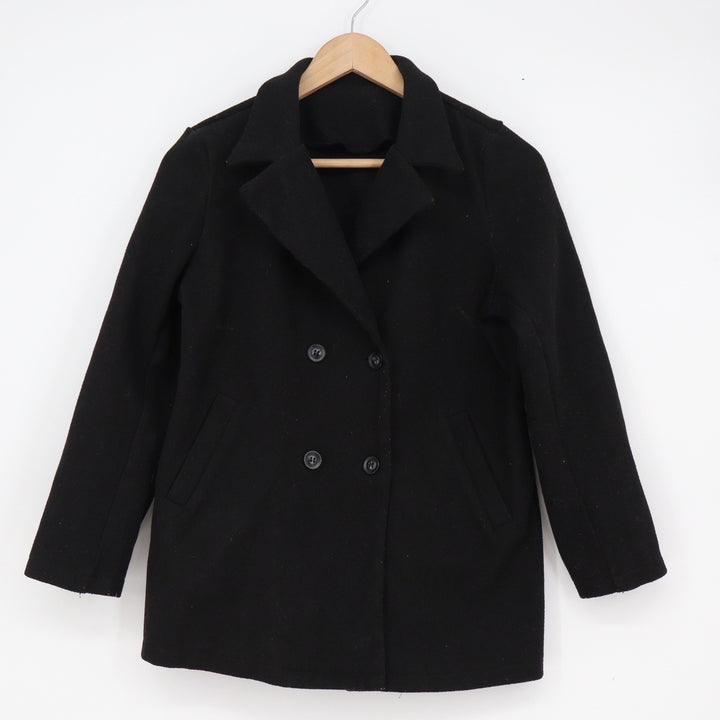 Black Double Breasted Pea Coat Notched Lapel Long Sleeve Mid Weight Jacket M