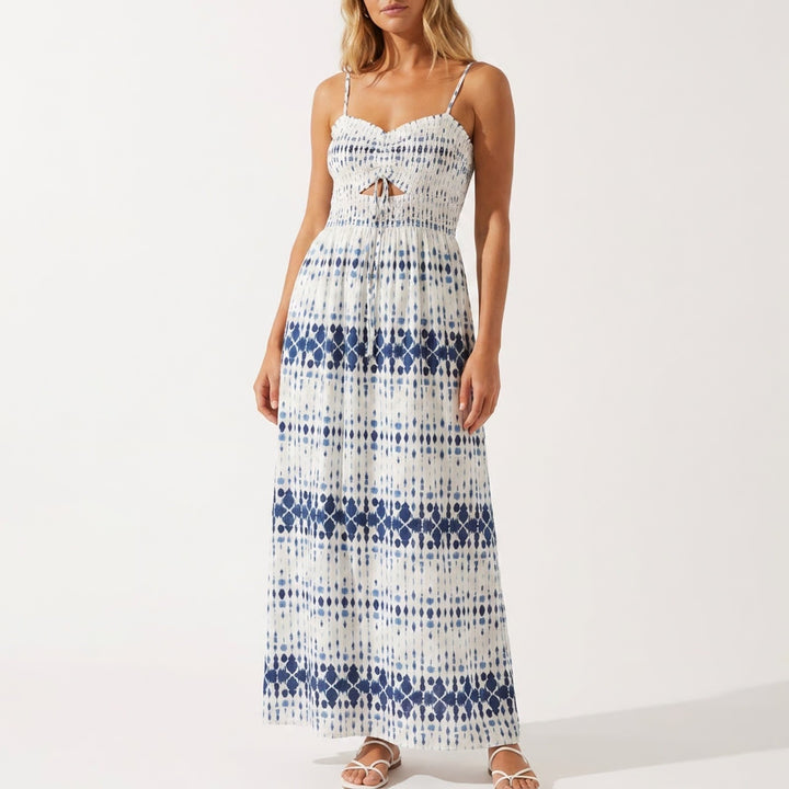 Universal Thread Blue White Ikat Smocked Maxi Dress Medium Cotton Boho Tie Front