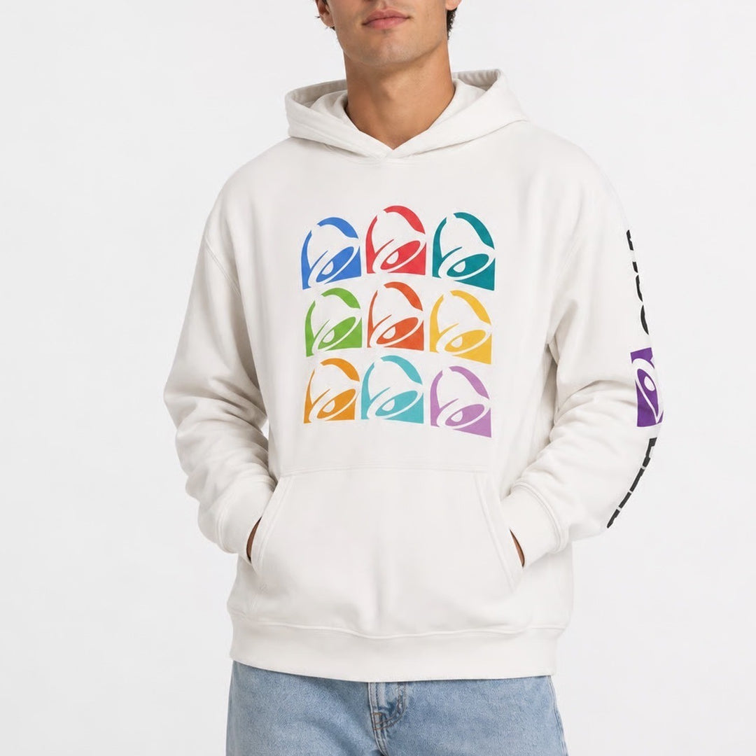 Taco Bell Hoodie White Multi Color Pop Art Logo Sleeve Graphic Mens Small