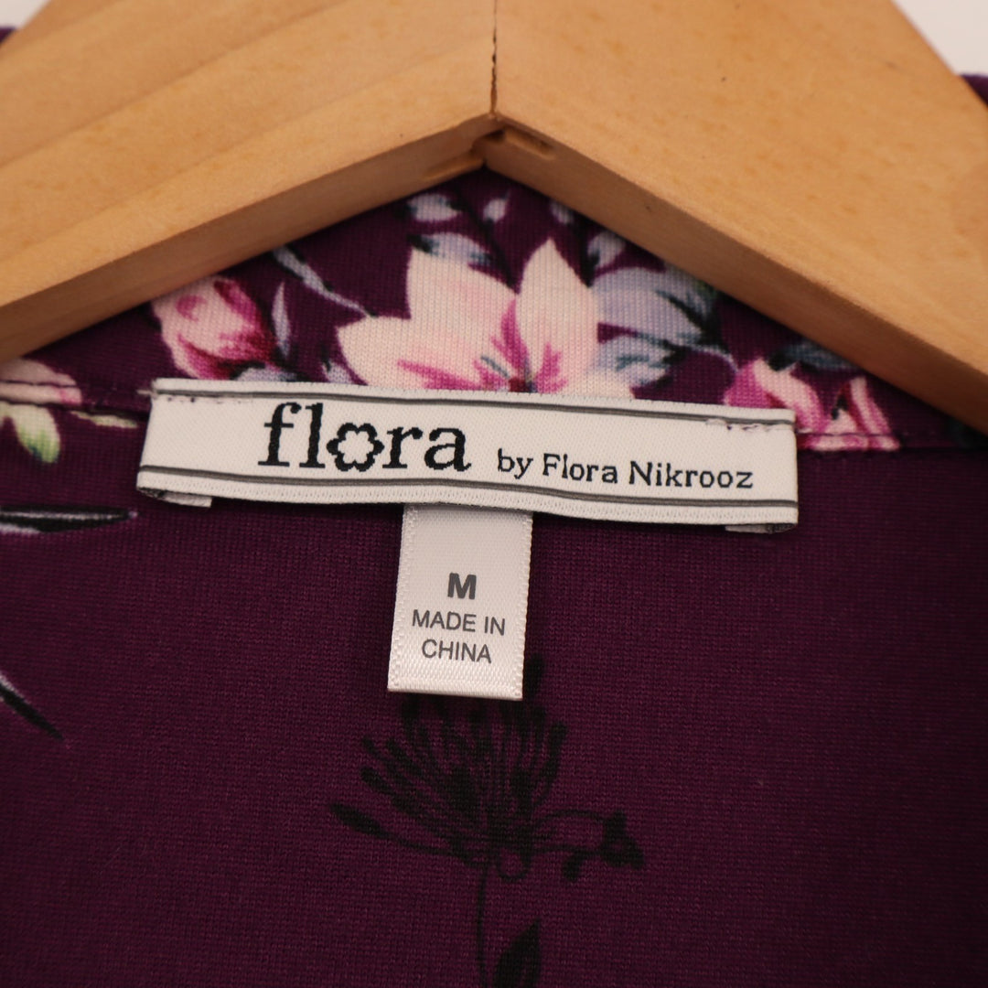 Flora by Flora Nikrooz Pajama Top Womens Medium Plum Floral Stretch Lapel Collar