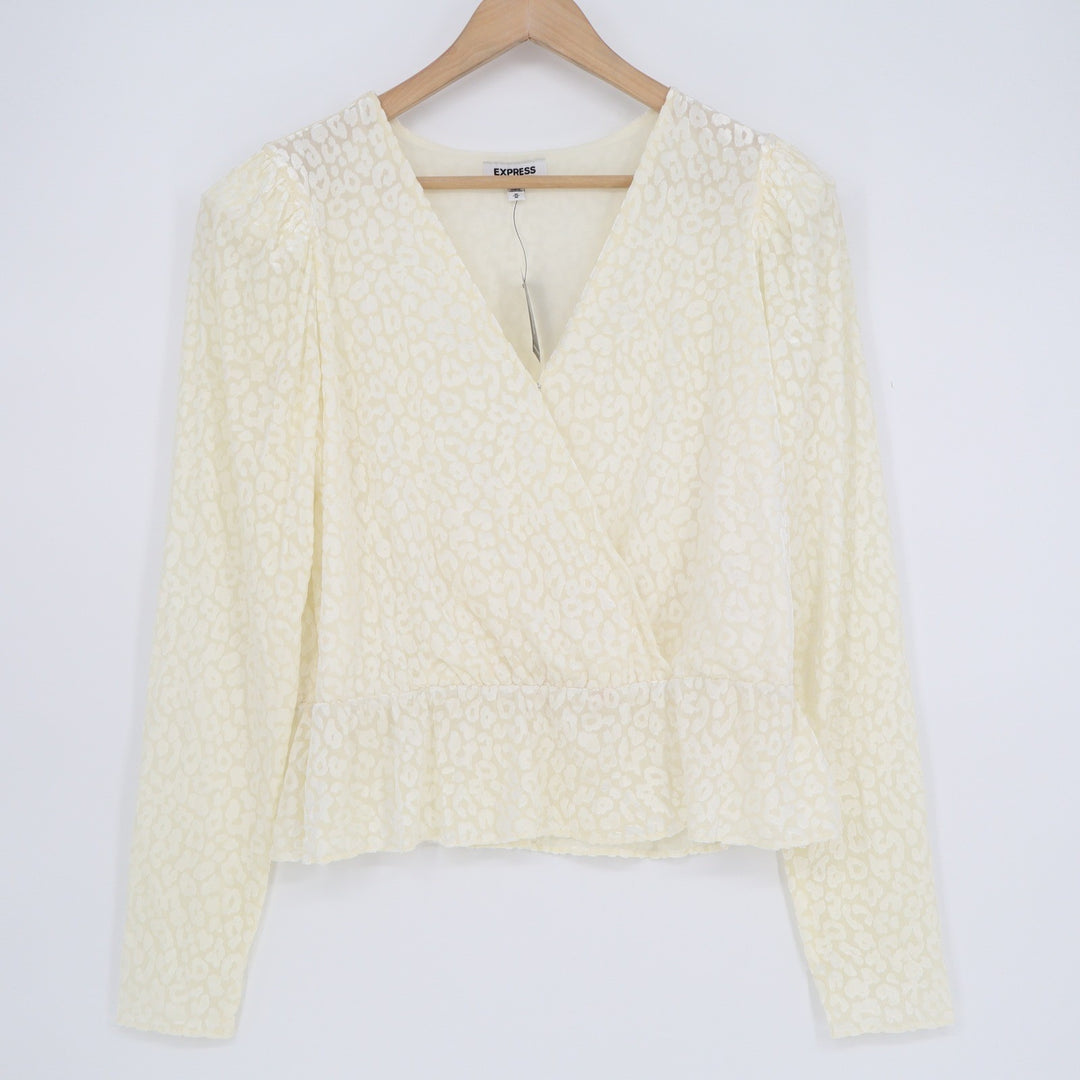 Express Cream Leopard Burnout Wrap Peplum Blouse Long Sleeve V-Neck Mens M