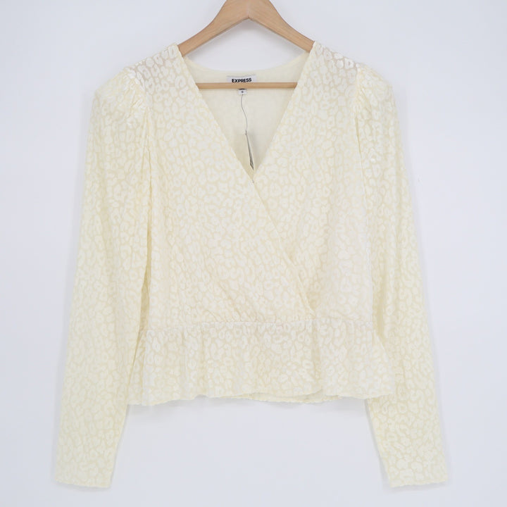 Express Cream Leopard Burnout Wrap Peplum Blouse Long Sleeve V-Neck Mens M