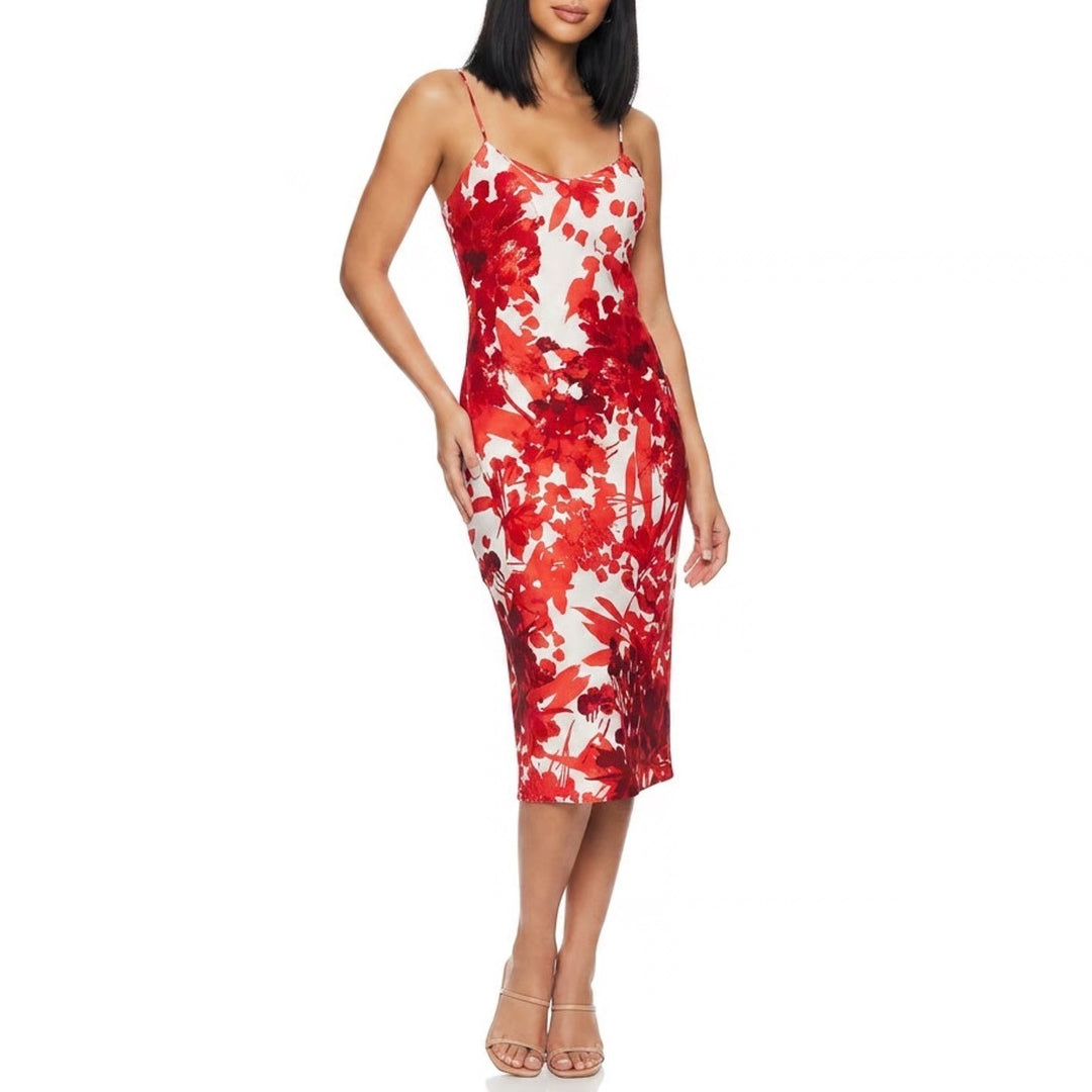 Natori Private Luxuries Red White Floral Abstract Slip Dress Midi Small DVA 971