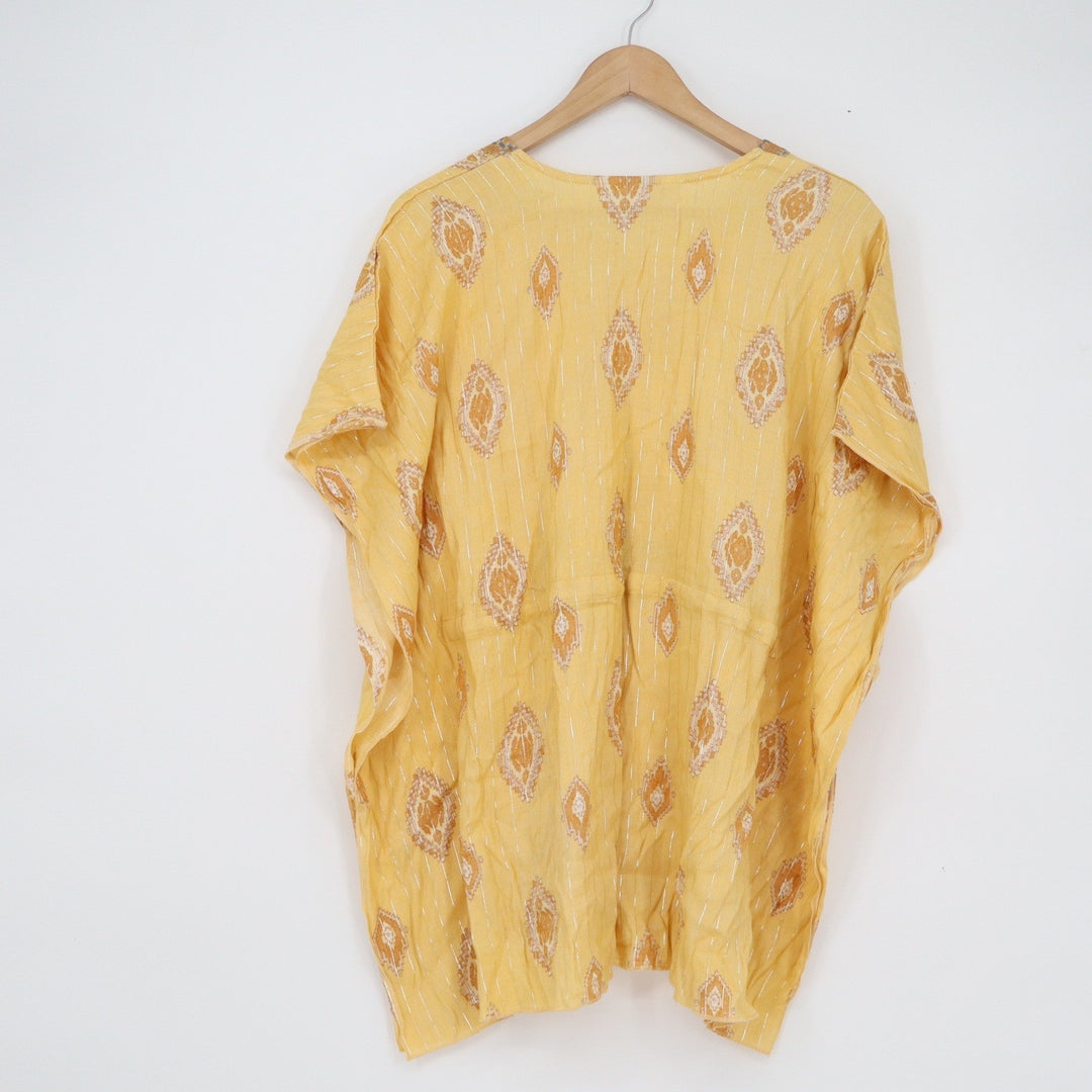 Comfort Yellow Ikat Kaftan Tunic Top Metallic Stripe Drawstring Waist Large