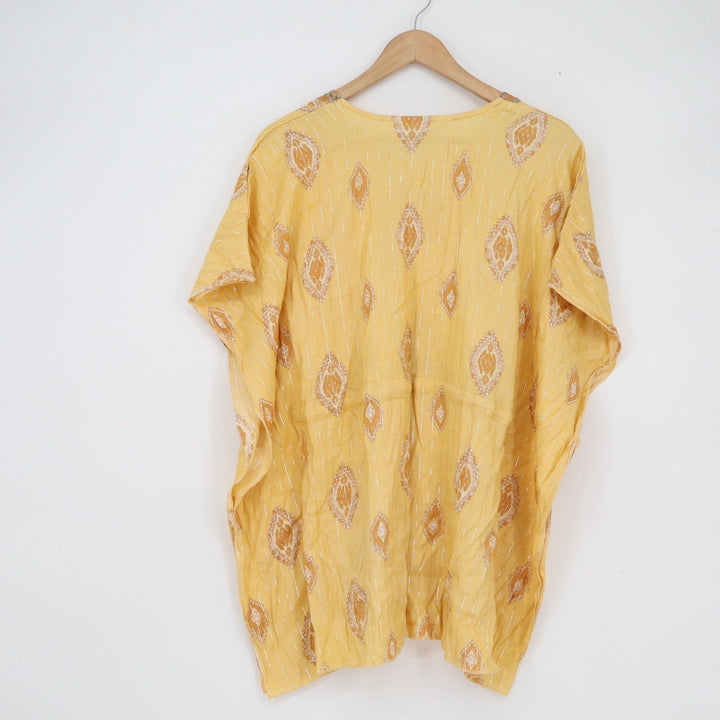 Comfort Yellow Ikat Kaftan Tunic Top Metallic Stripe Drawstring Waist Large