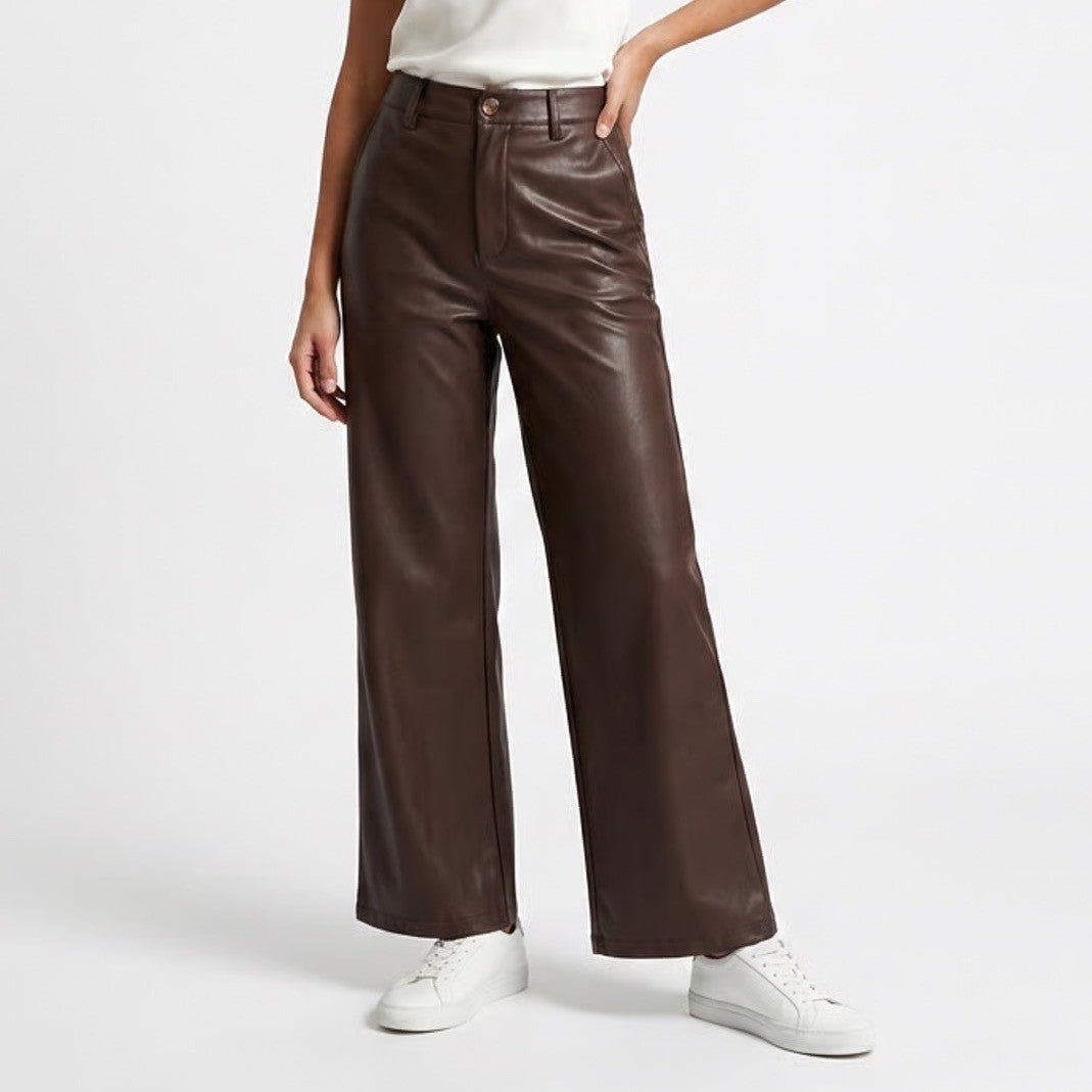 Kut from the Kloth Brown Faux Leather Wide Leg Pants Womens 0 High Rise
