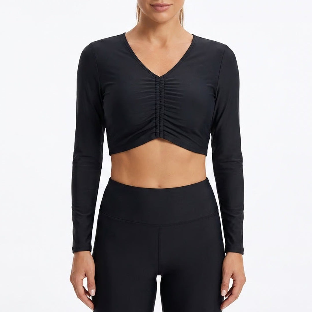 CALIA Womens LS Ruched Rashguard Pure Black Cropped UPF 50+ XS