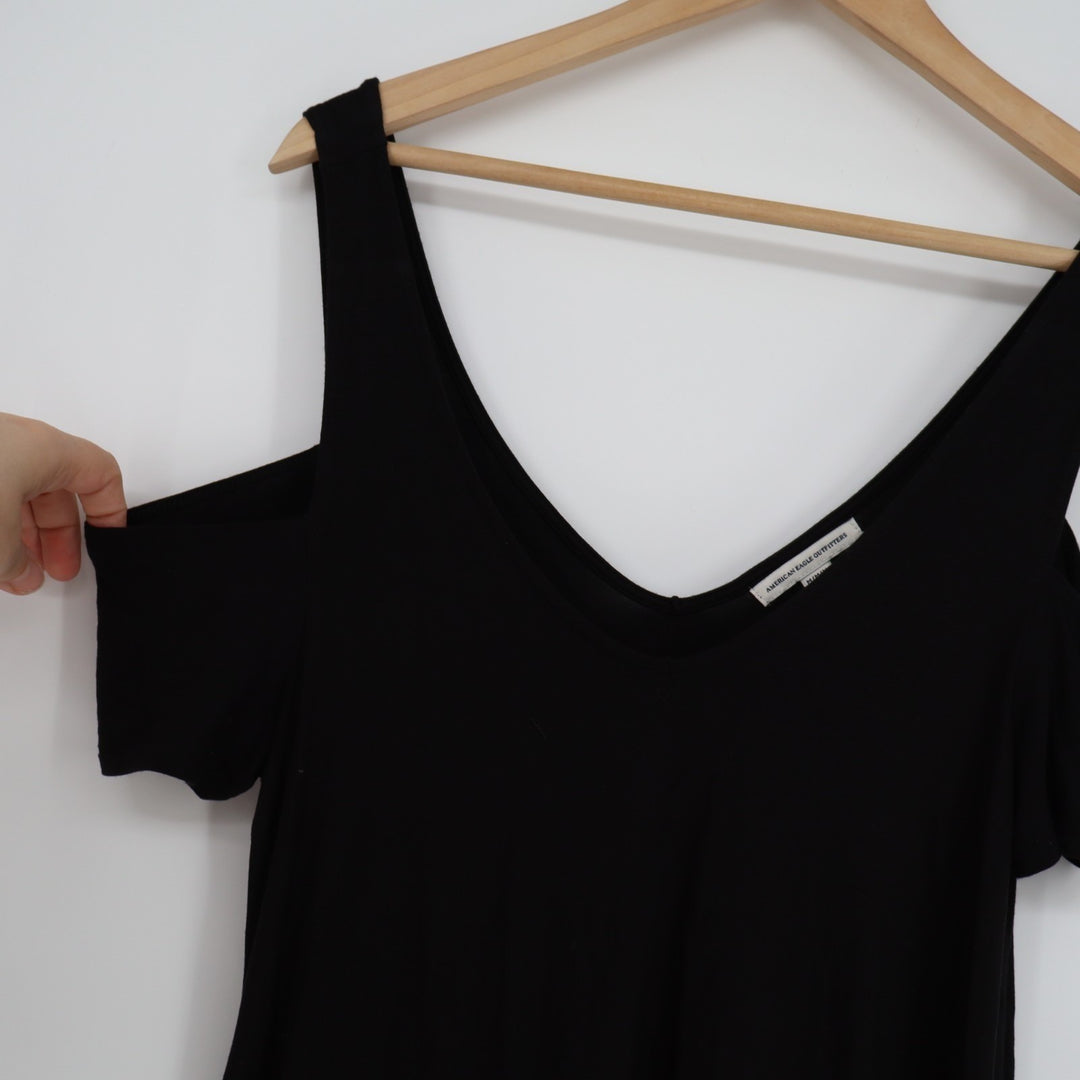American Eagle Outfitters Shift Dress Womens Medium Black V Neck Cold Shoulder