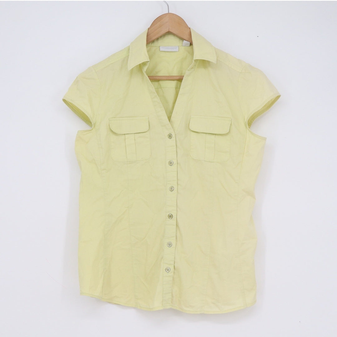 New York & Company Women Yellow Stretch Cap Sleeve Button Down Shirt Small