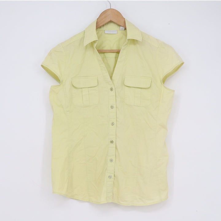 New York & Company Women Yellow Stretch Cap Sleeve Button Down Shirt Small