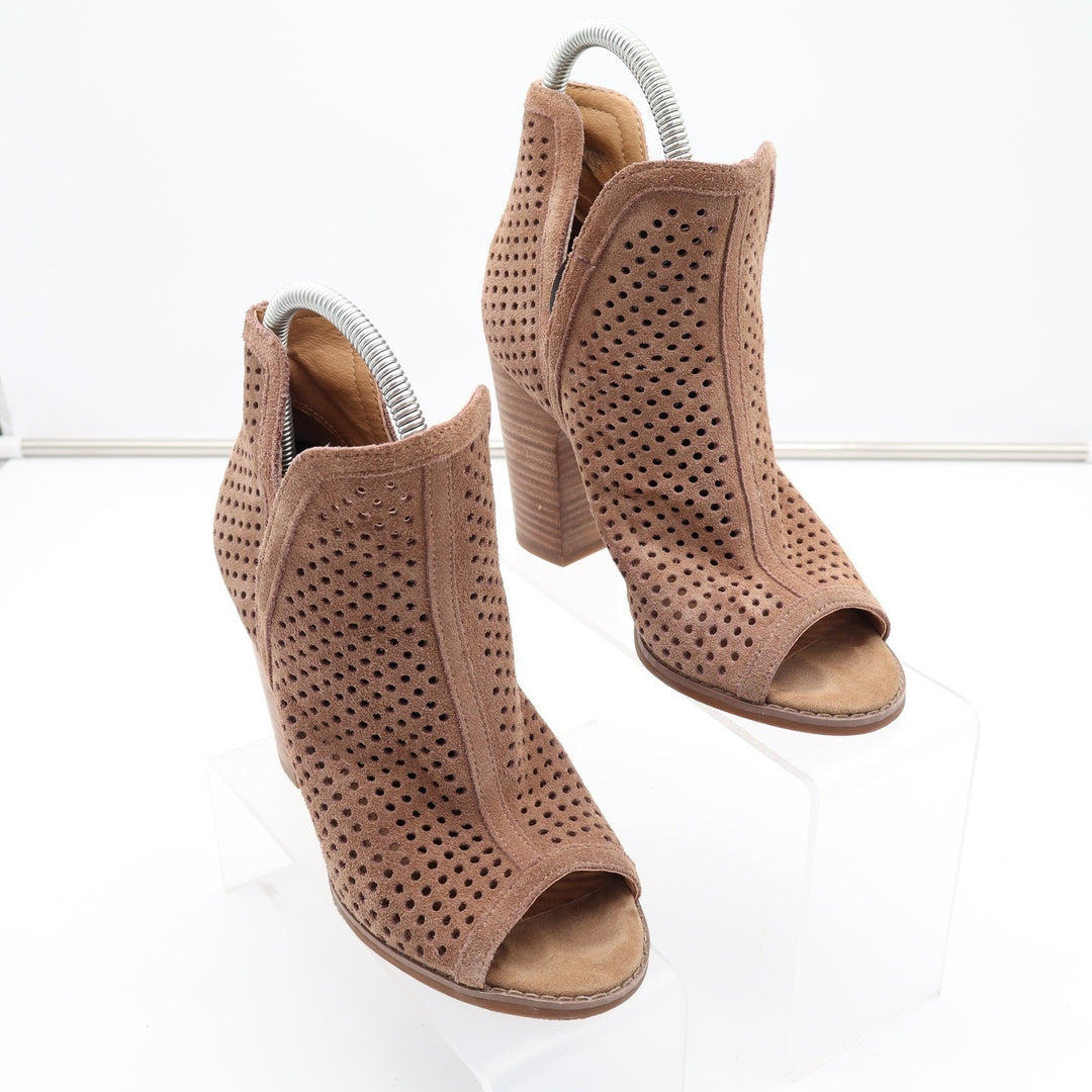 Lucky Brand Larise Tan Perforated Suede Peep Toe Booties Stacked Heel Size 6M