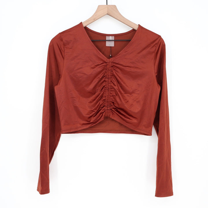 Calia Womens Ruched Long Sleeve Rashguard Red Brown Shine UPF 50+ L