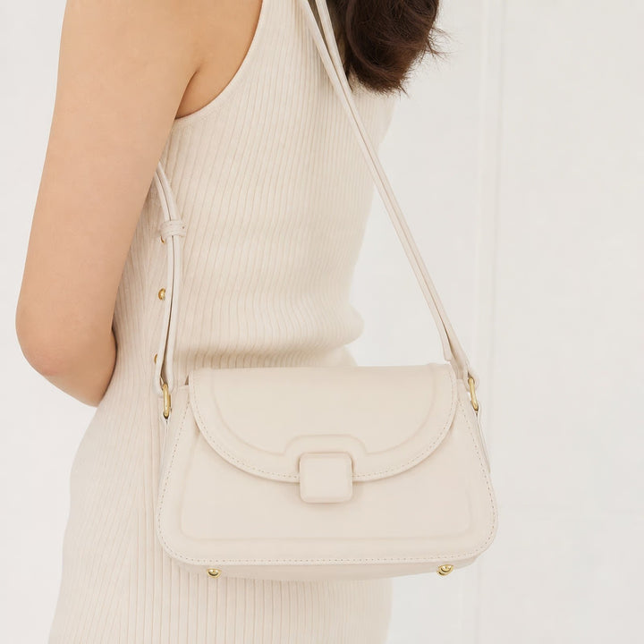 Cream Structured Faux Leather Shoulder Bag Minimalist Gold Hardware KLR 155