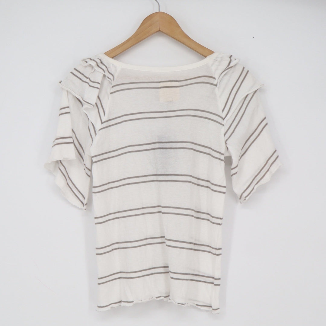 Chaser T-Shirt Women's S White Grey Striped Ruffle Shoulder Good