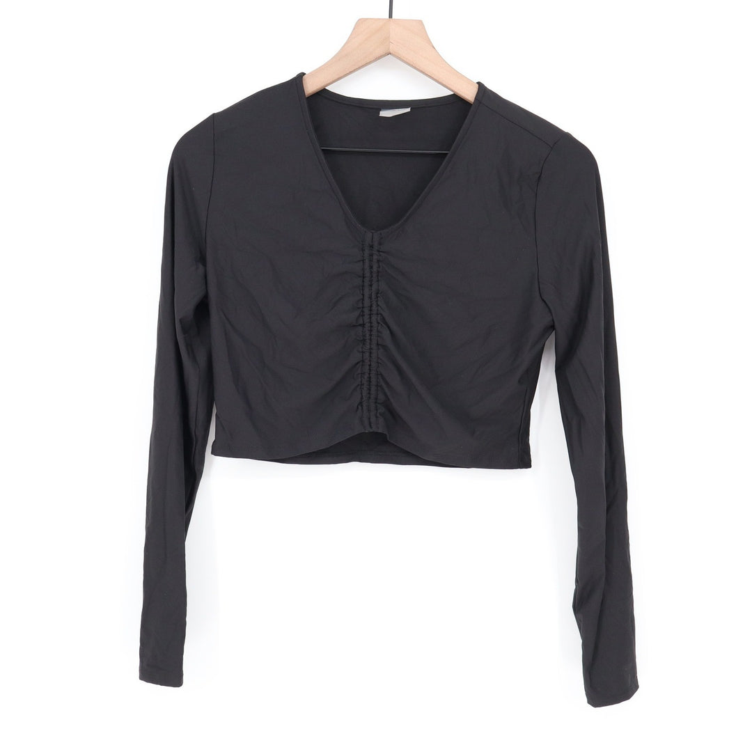 Calia Womens Black Ruched V-Neck Long Sleeve Crop Top Size M
