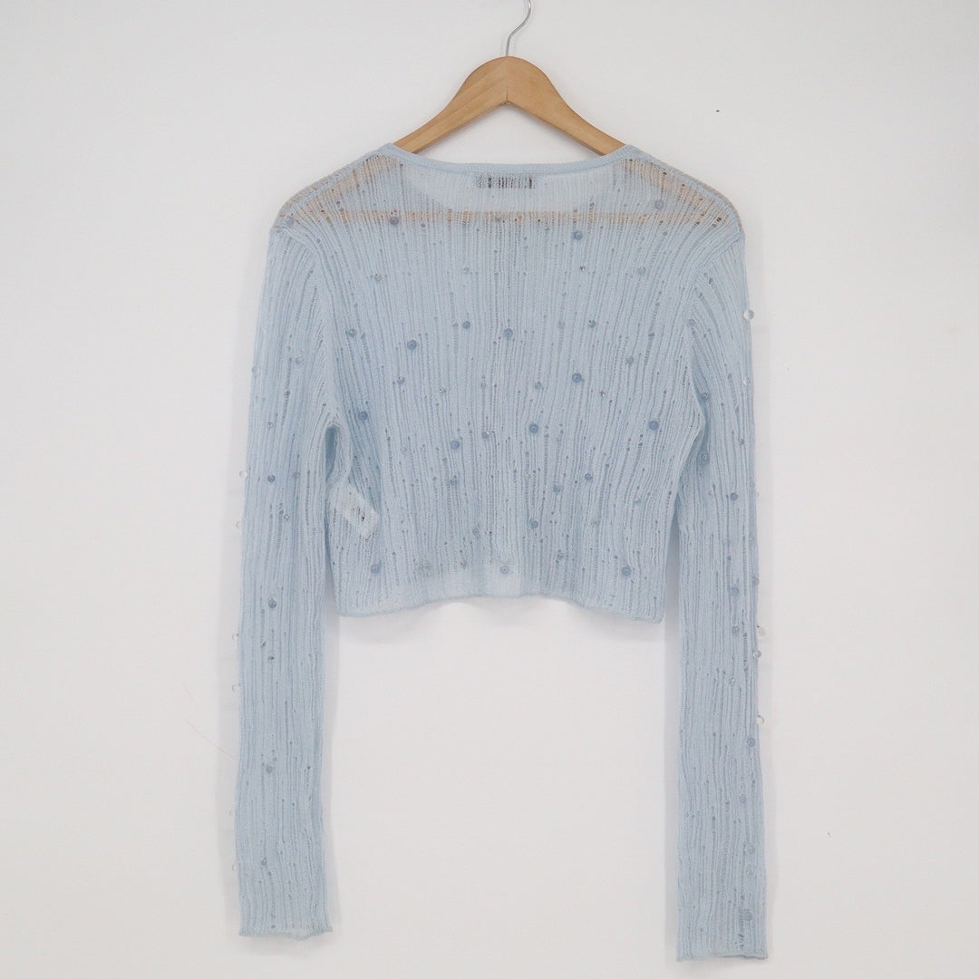 Zara Light Blue Beaded Pointelle Cropped Cardigan Long Sleeve Knit Top Size M