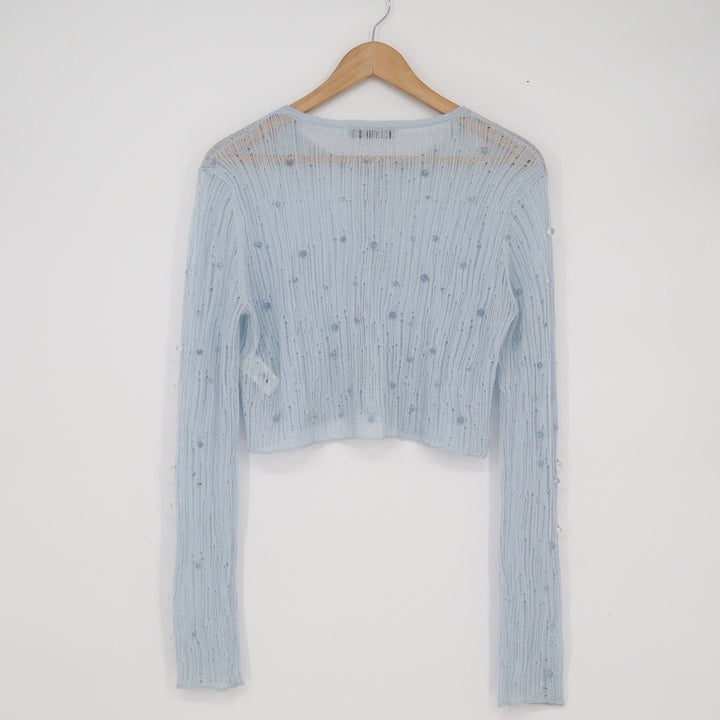 Zara Light Blue Beaded Pointelle Cropped Cardigan Long Sleeve Knit Top Size M