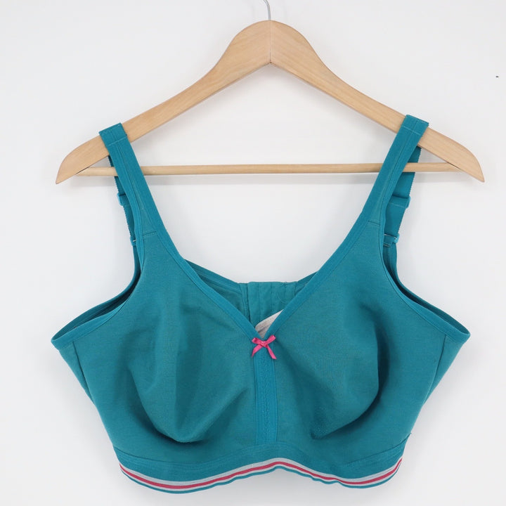 Cacique Teal Blue Wire-Free Full Coverage Bra 40F Cotton Blend Striped Trim