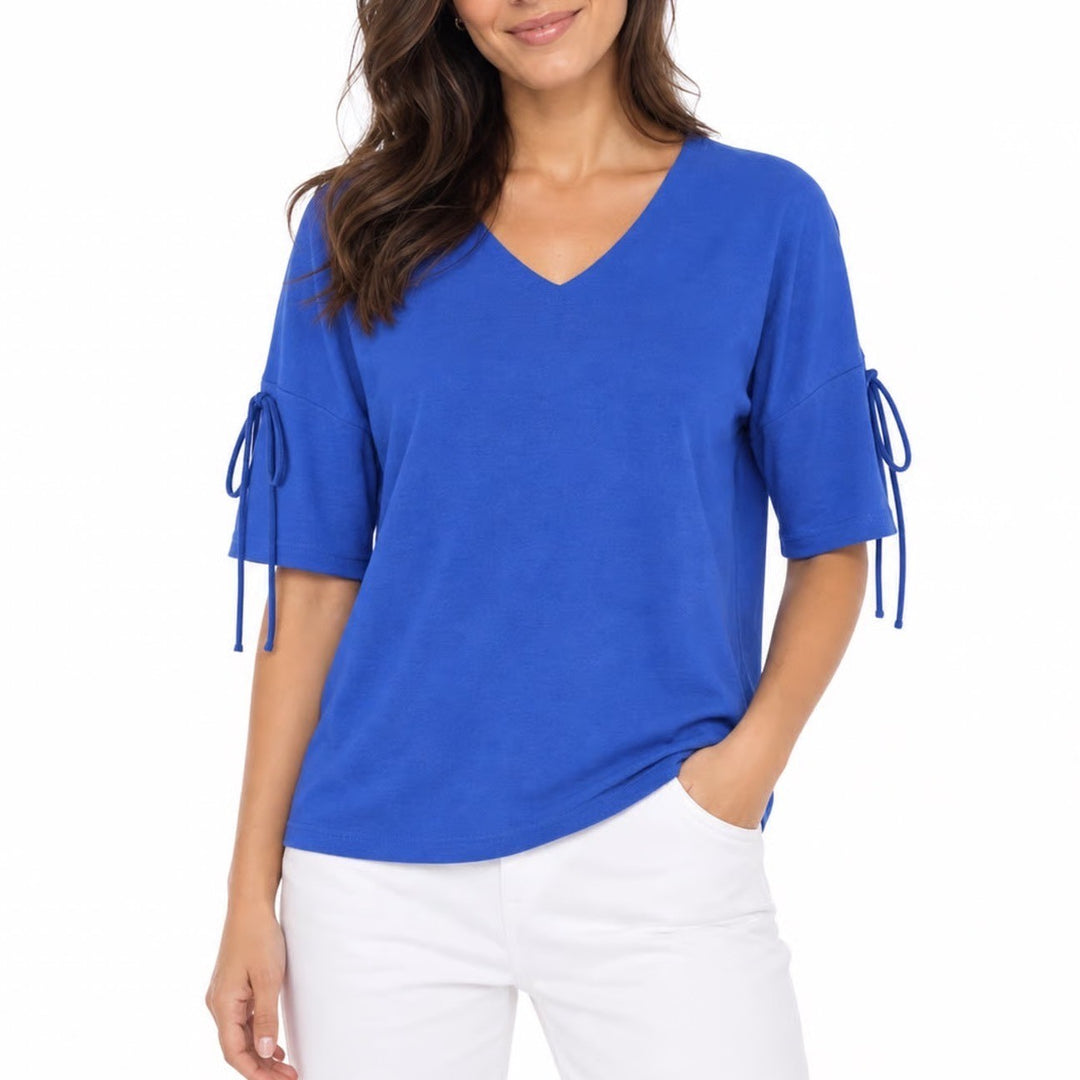 French Toss Womens Royal Blue V-Neck Short Sleeve Tie Detail Top Size Large
